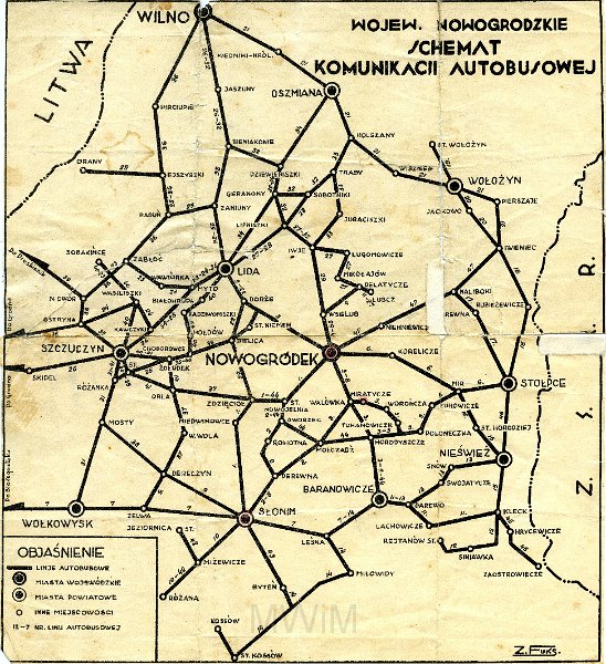 KKE 4915.jpg - Dok. Schemat Komunikacji Autobusowej wraz z Mapą województwa nowogrodzkiego, lata 20-te XX wieku. Kartograf: Z. Fuks.